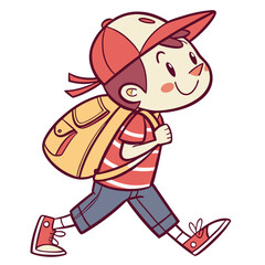 Cartoon boy with a backpack isolated on white background is walking