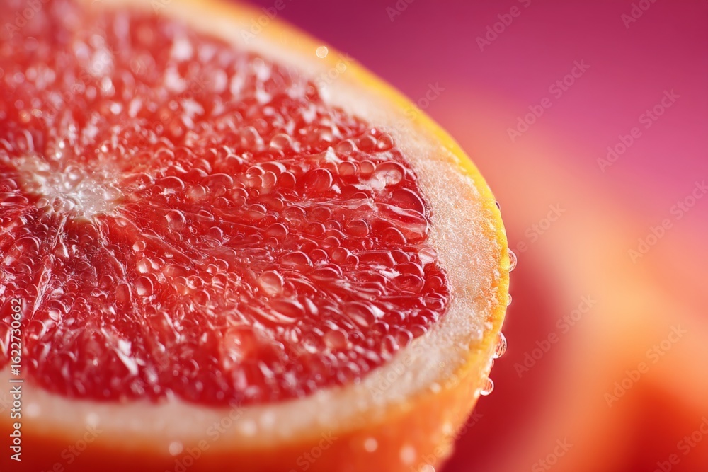 Poster close-up view of fresh grapefruit slice showcasing vibrant colors and refreshing bubbles against a s