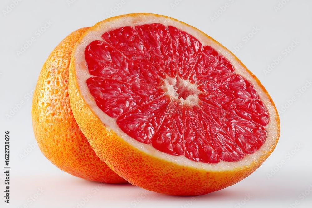 Poster freshly sliced ruby grapefruit showing vibrant red flesh and textured rind in a bright and clean set