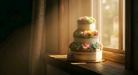 A three-tiered white cake with colorful flowers sits on a windowsill, bathed in warm sunlight. AI Generated