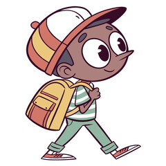 Cartoon schoolboy with backpack walking isolated on white background