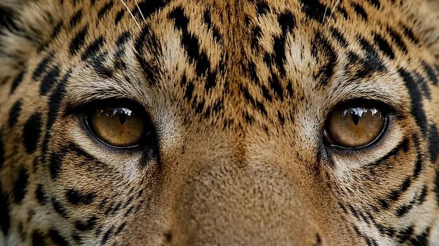 Closeup of a jaguars face focusing on its eyes fur and spotted pattern