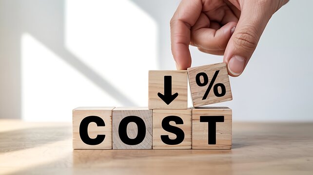 Hand placing wooden block with down arrow and percentage sign on blocks spelling cost symbolizing cost reduction