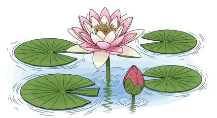 A Beautiful Pink Lotus Flower and Leaves Floating on Water vector Art 