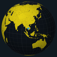 Cambodia on Globe. Country view on the world map in Charcoal Bright Yellow color palette. Cambodia shape on map. Globe with meridians, parallels, countries, rivers and lakes.
