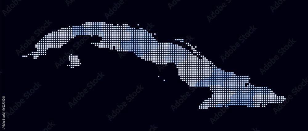 Poster cuba dotted map. digital style map of the country on dark background. cuba shape with square dots. c