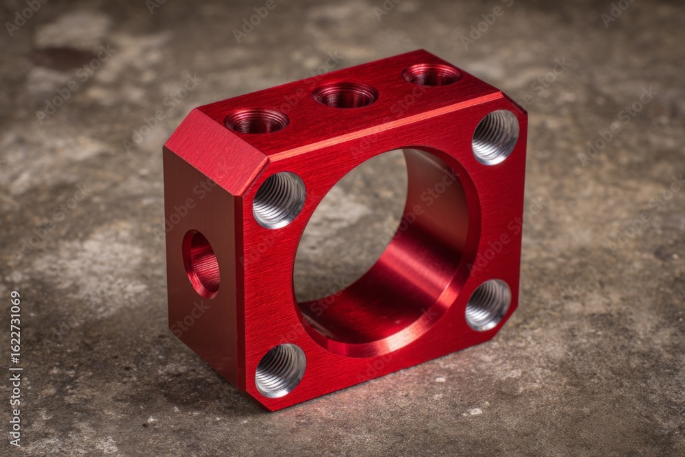 Poster red aluminum component showcasing precision machining on a textured surface in a well-lit workshop s