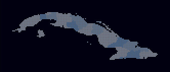 Cuba dotted map. Digital style map of the country on dark background. Cuba shape with square dots. Colored dots style. Small size squares. Artistic vector illustration.