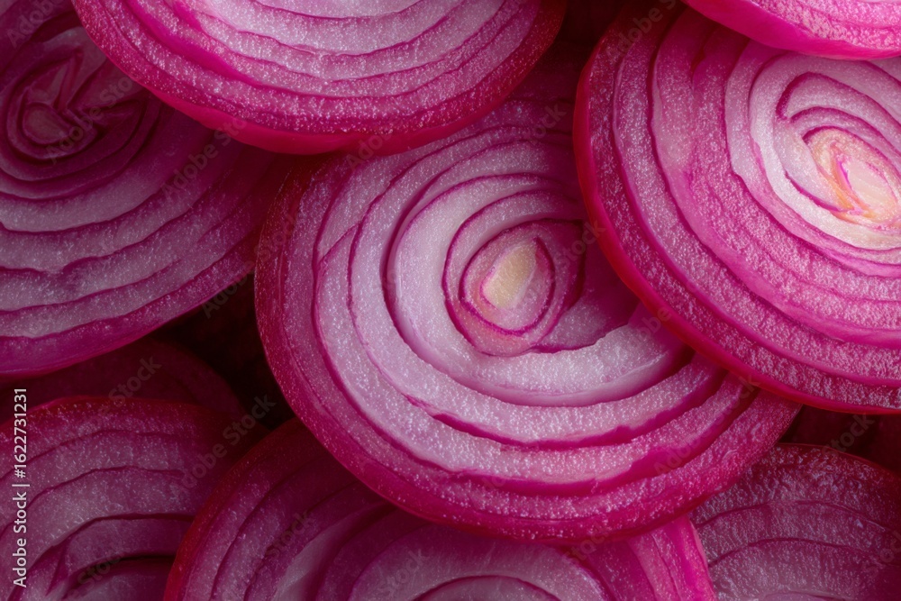 Poster freshly sliced red onions arranged in a circular pattern showing vibrant colors and textures on a da