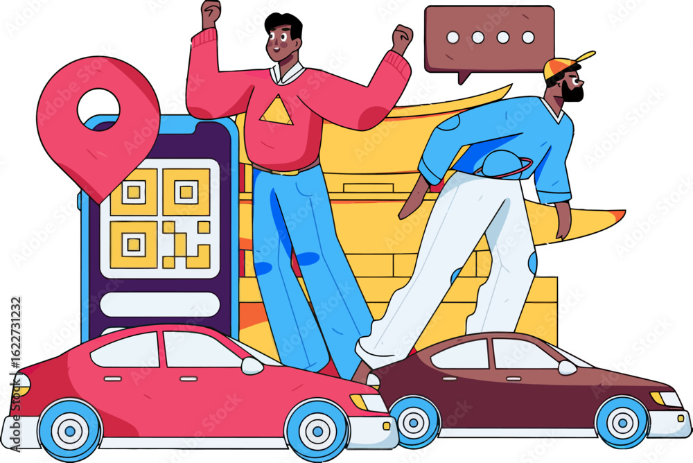 Poster two happy people using ride sharing service on mobile app with location pin and qr code, modern tran
