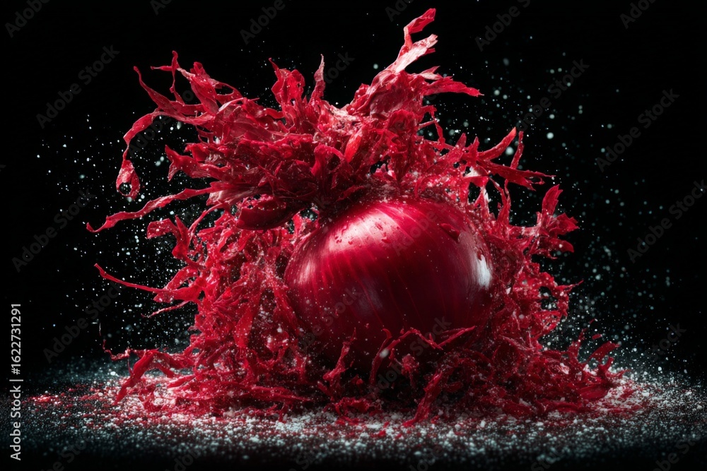 Poster dynamic explosion of red onion creating a splash of color and texture in dark environment