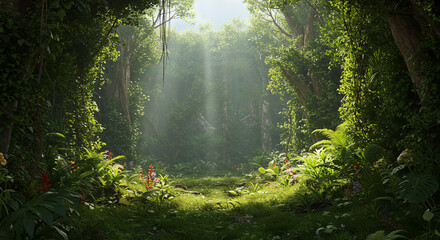 Obraz premium Sunlight streams through the trees in a lush forest with vibrant green foliage and red flowers