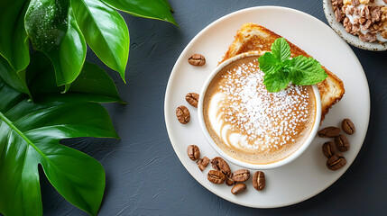 Enjoying a cozy coffee moment at home with toast and leaves food photography relaxing atmosphere aesthetic view