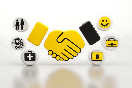 Dynamic handshake symbolizes successful business partnership with diverse icons representing family, health, and finance for modern deals