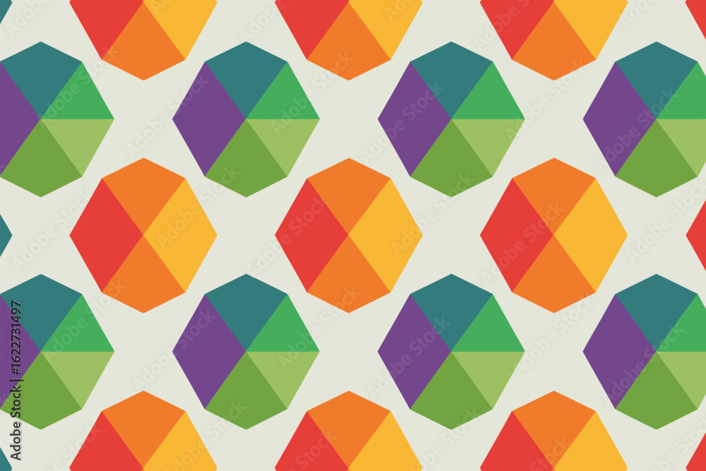 Poster a repeating pattern of colorful geometric shapes resembling faceted gemstones on a light background 