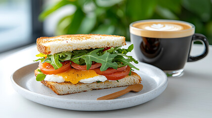 Savoring a delicious breakfast sandwich and coffee cozy  setting gourmet food photography natural light inviting atmosphere