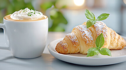 Savoring a cozy coffee and croissant moment bright  setting close-up culinary delight serene experience
