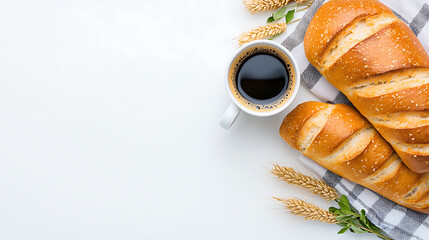 Freshly baked bread and coffee cozy kitchen food photography warm atmosphere top-down view culinary delight