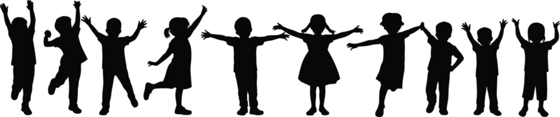 Silhouettes of happy children playing, jumping, raising hands, kids together, group of boys and girls, joyful, energetic, childhood, black vector