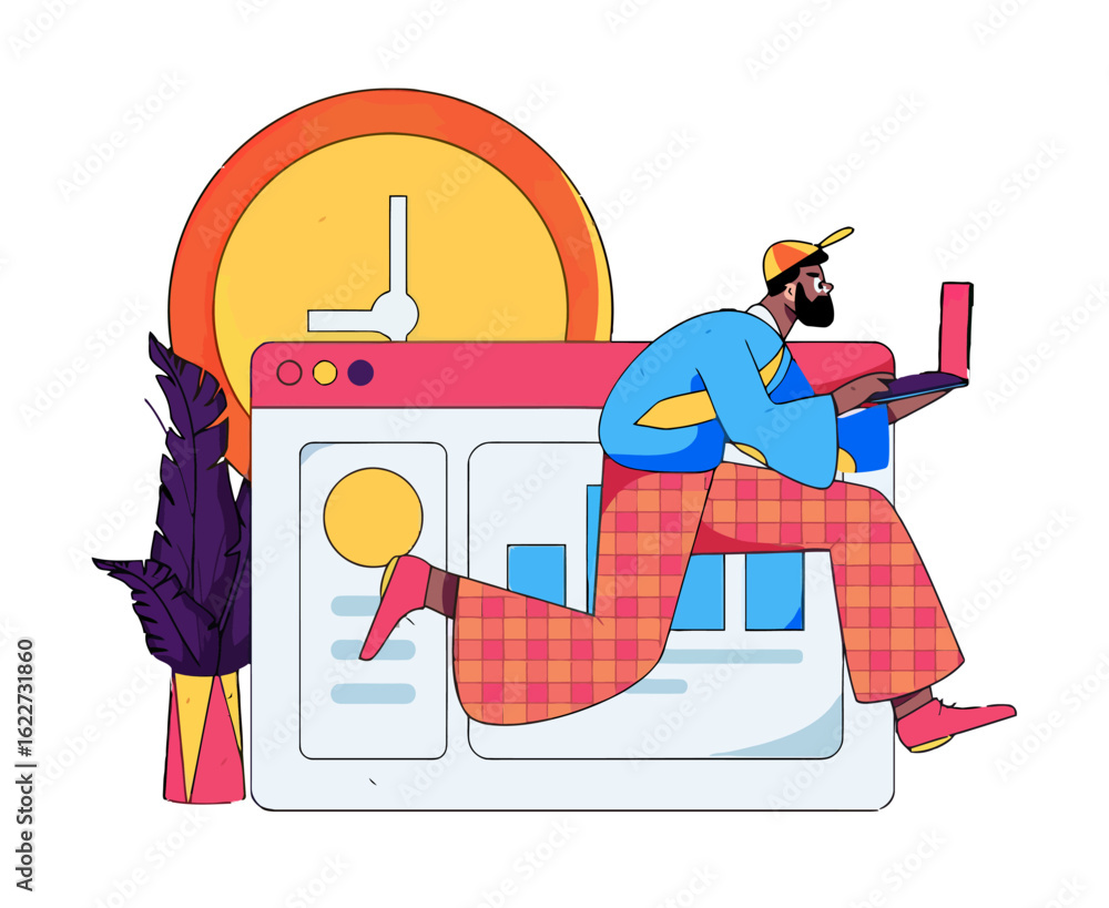 Aufkleber dynamic entrepreneur working on a laptop with a clock ticking visualizing productivity and time mana