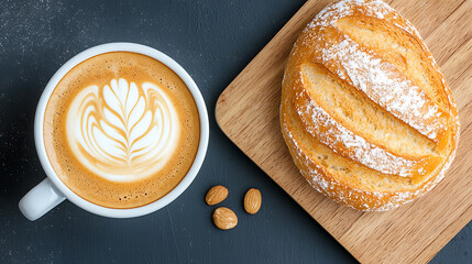 Enjoying coffee and fresh bread in a cozy  aerial food photography warm atmosphere culinary experience