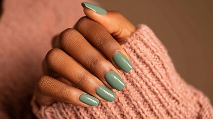 Elegant olive green manicure on dark skin tone with cozy sweater, a modern beauty statement for...