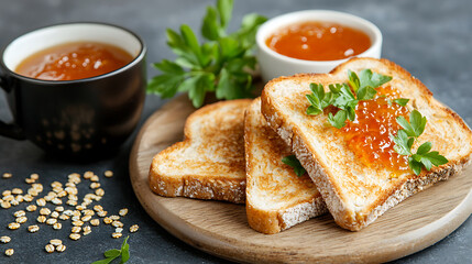 Delicious toast with jam and parsley cozy kitchen food photography warm environment close-up view culinary delight