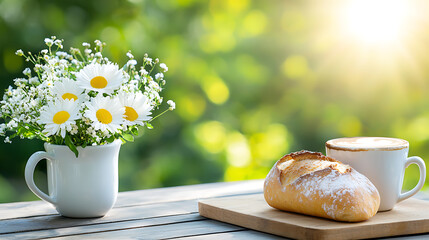 Morning coffee and fresh bread on a wooden table outdoor garden food photography serene atmosphere natural light
