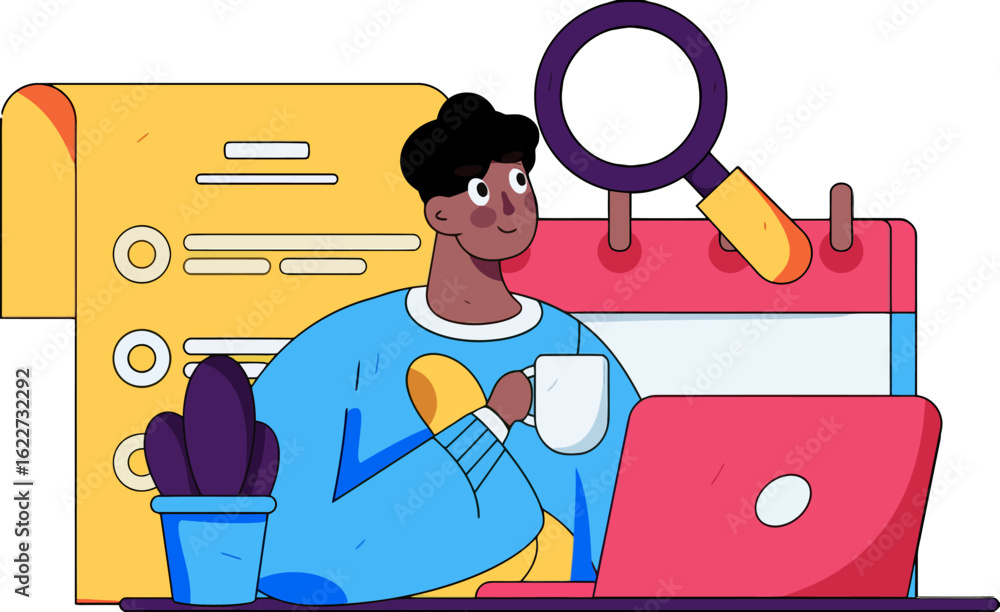 Poster man thoughtfully planning with a laptop and coffee, visualizing goals on a task list and calendar, d