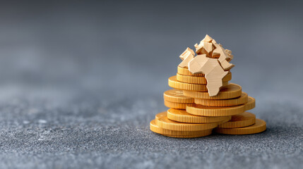 Global taxation concept with wooden Africa map on stacked gold coin pile symbolizing economy and finance in business and investment