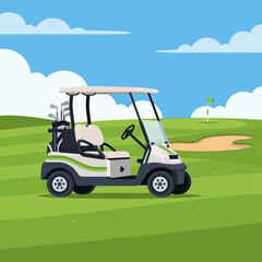 Golf cart parked on a lush green course with a flag visible in the distance.