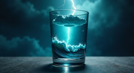 Dramatic storm with lightning captured inside glass. Surreal conceptual art representing power of nature, creativity and turbulent emotions in minimalist setting.