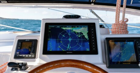 Boat cockpit displays navigation data. Screens show charts, radar, depth readings. Wooden steering wheel visible, ocean backdrop present.