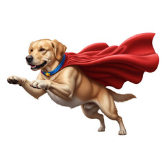 Golden Retriever superhero flying with a red cape isolated on a transparent background 