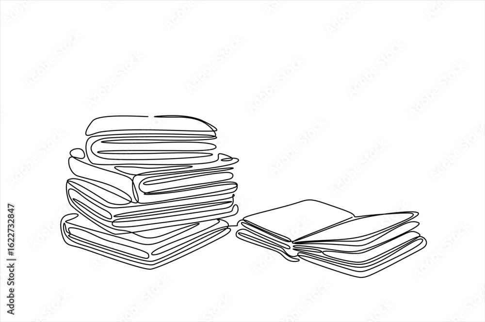 Poster stack of books with opened book in one continuous line. symbol of library, education, literature, re