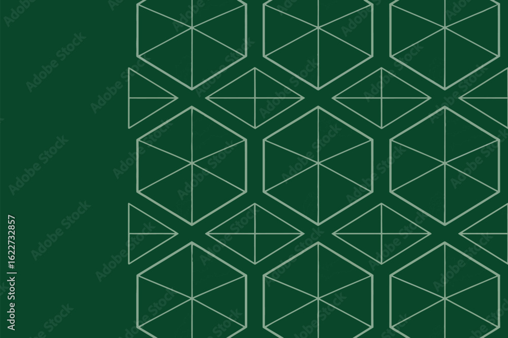 Poster geometric pattern of hexagons and diamonds on a green background with a solid green section on the l