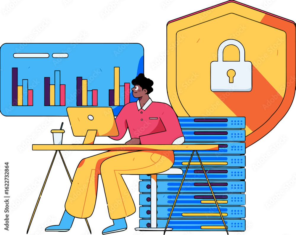Poster secure data analysis with a professional working on a laptop, visualizing business intelligence and 