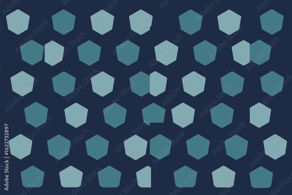 Poster a patterned background with teal and blue pentagons arranged in rows on a dark blue colored backgrou