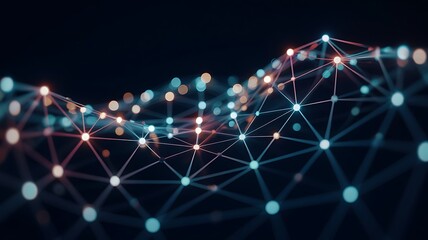 Abstract glowing network of interconnected nodes and lines creating a futuristic digital data visualization on a dark background