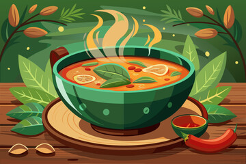vector of Steaming soup in a rustic green bowl on a wooden table. Ready to serve...