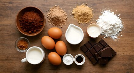 Baking ingredients like eggs, chocolate, and powders are arranged neatly on a wooden surface, ready for use. AI Generated