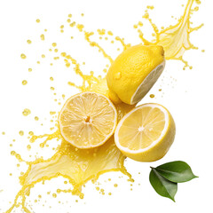 Fresh lemon splashing with juice and leaves isolated on transparent background