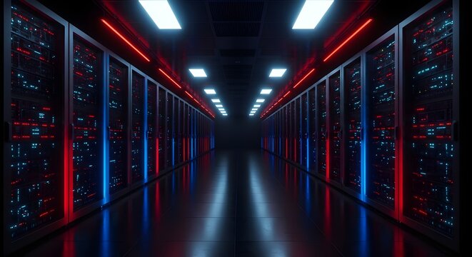 Modern server room illuminated with vibrant neon lights for data storage and processing power