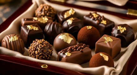 Luxurious chocolates with gold leaf accents arranged in a dark wooden box lined with cream fabric, exuding opulence. AI Generated