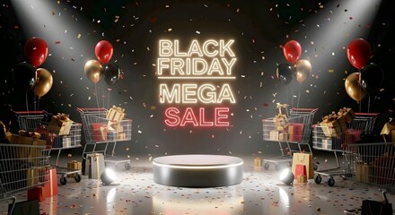 A Black Friday sale advertisement featuring a stage with spotlights, balloons, and gift boxes. AI Generated