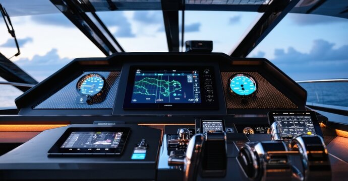 Yacht cockpit features modern navigation systems. Displays show data, controls offer steering. Ocean view visible through windows. Interior lighting present.