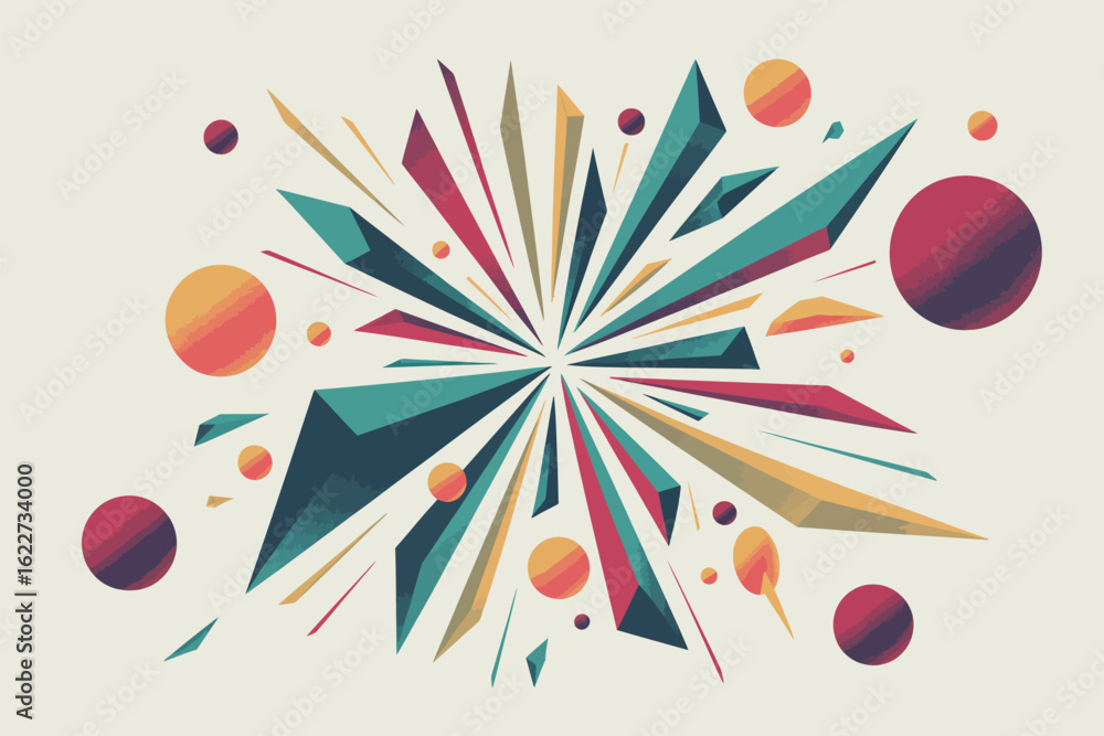Poster abstract geometric design featuring triangles and circles radiating from a central point on a light 