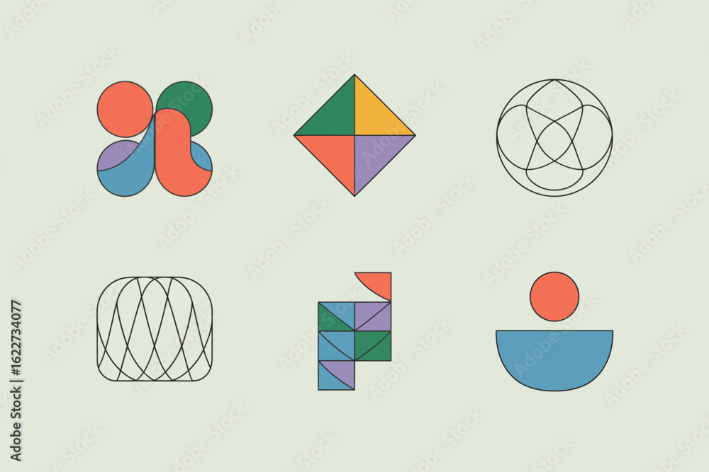 Poster six geometric designs arranged on a light background featuring circles squares and triangles in vari