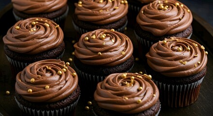 Chocolate cupcakes with swirled chocolate frosting and gold sprinkles arranged on a dark plate or tray, looking delicious. AI Generated