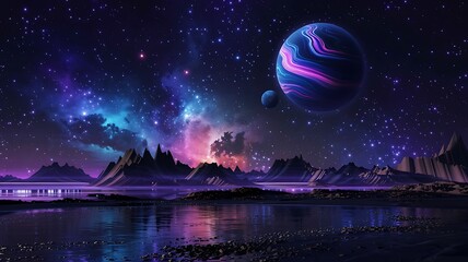 Vibrant alien planet landscape with glowing nebula and colorful celestial sphere reflecting in tranquil water